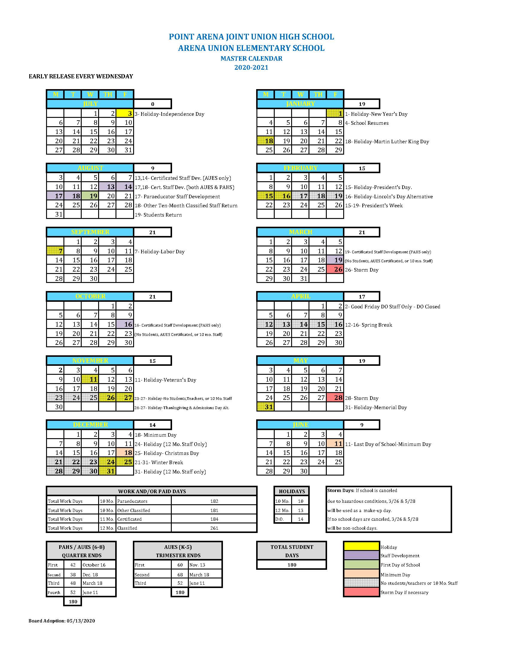 Calendar Point Arena High School