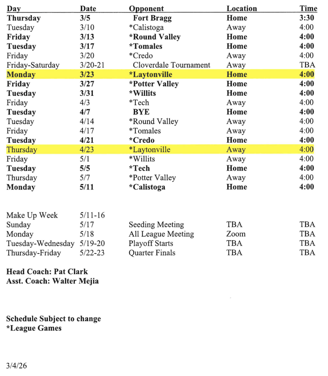 girls baseball schedule 2026