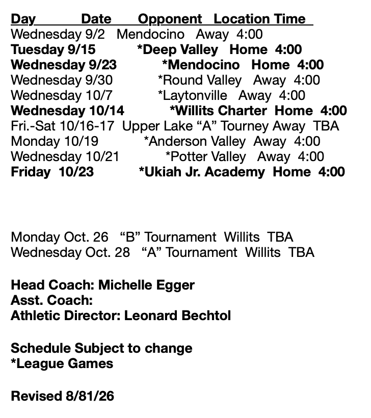 Middle School Volleyball Schedule
